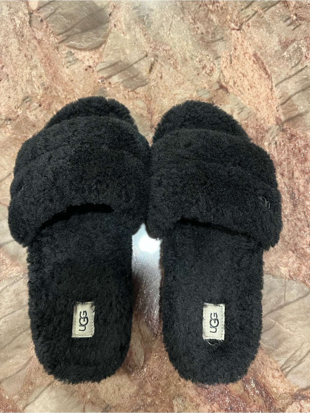 UGG Cozetta Curly Slide Black Fuzzy Slippers Sandals